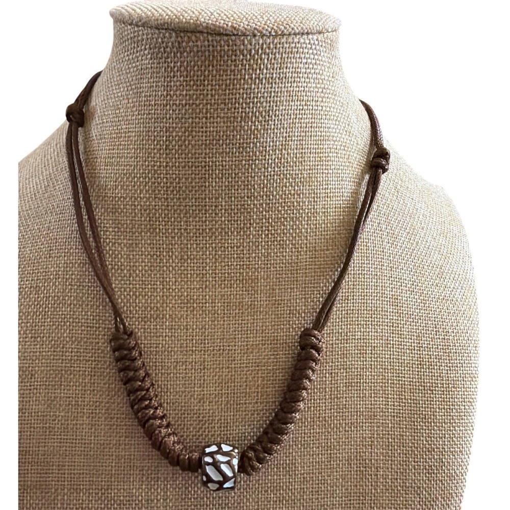 Handcrafted‎ Brown Braided Cord Adjustable Necklace Patterned Bead Boho Earthy